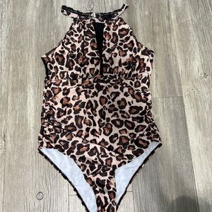 SHEIN Brown and Black One Piece Swimsuit High Neck
